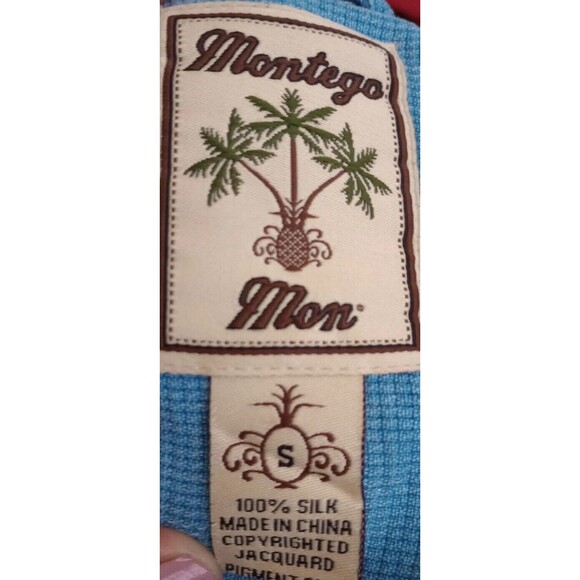 Montego Mon Blue Silk Embroidered Hawaiian Flowers Shirt Men's Sz S Short Sleeve - Picture 3 of 12